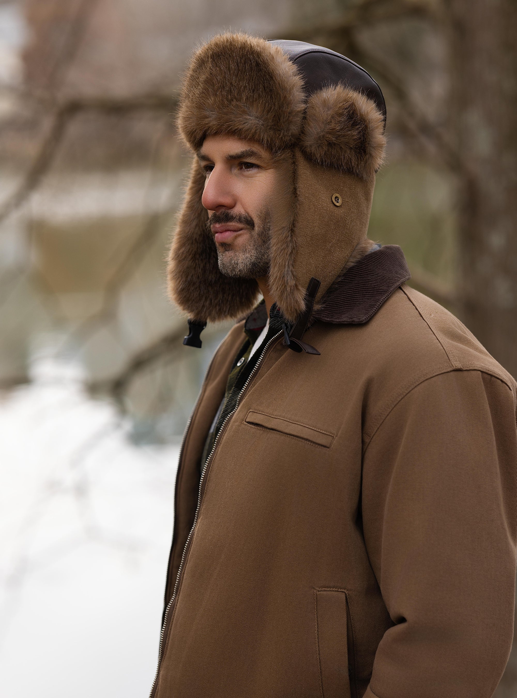 MOHAWK Faux Leather & Canvas Trapper Hat