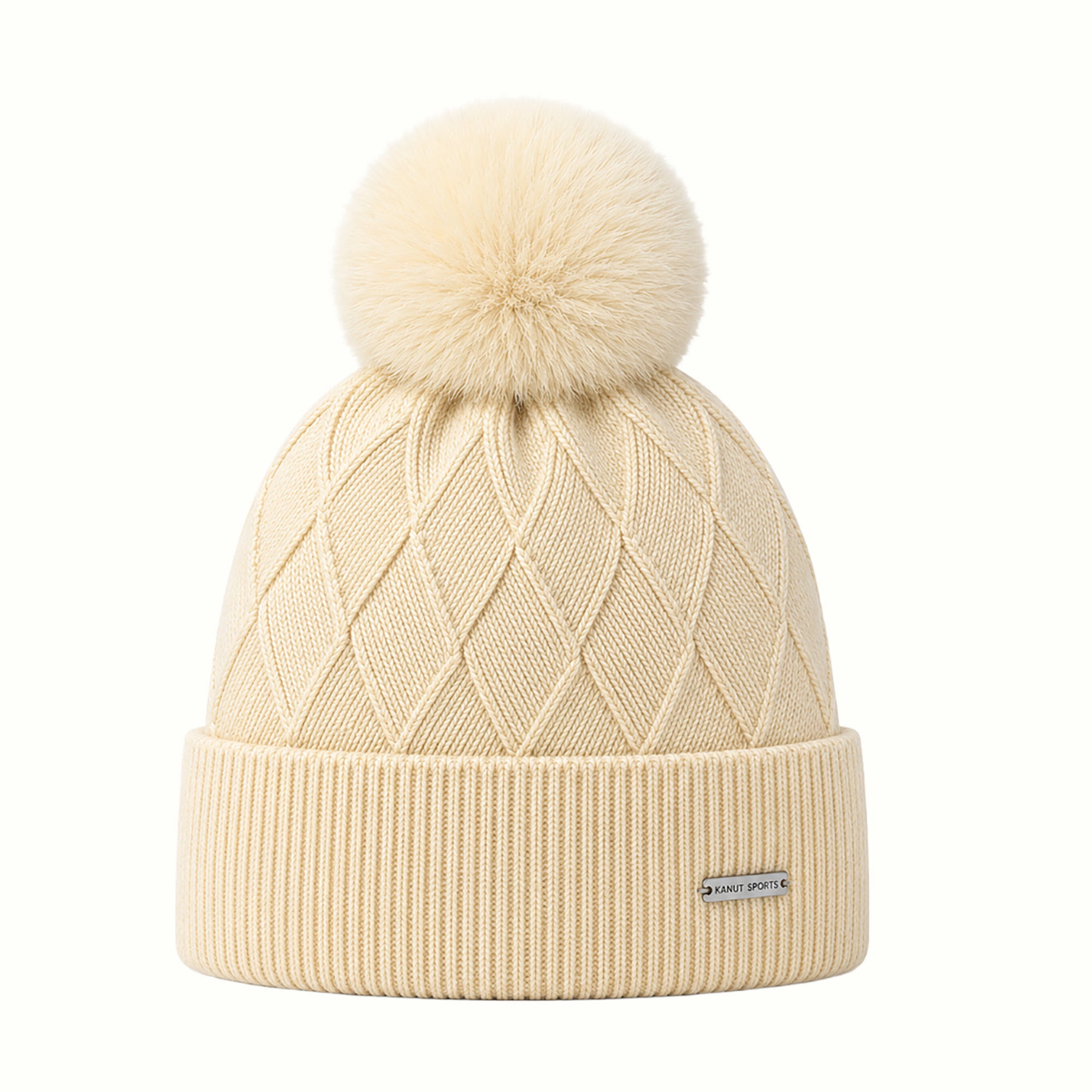 TANANA Textured Knit Pom Beanie with Sherpa Lining