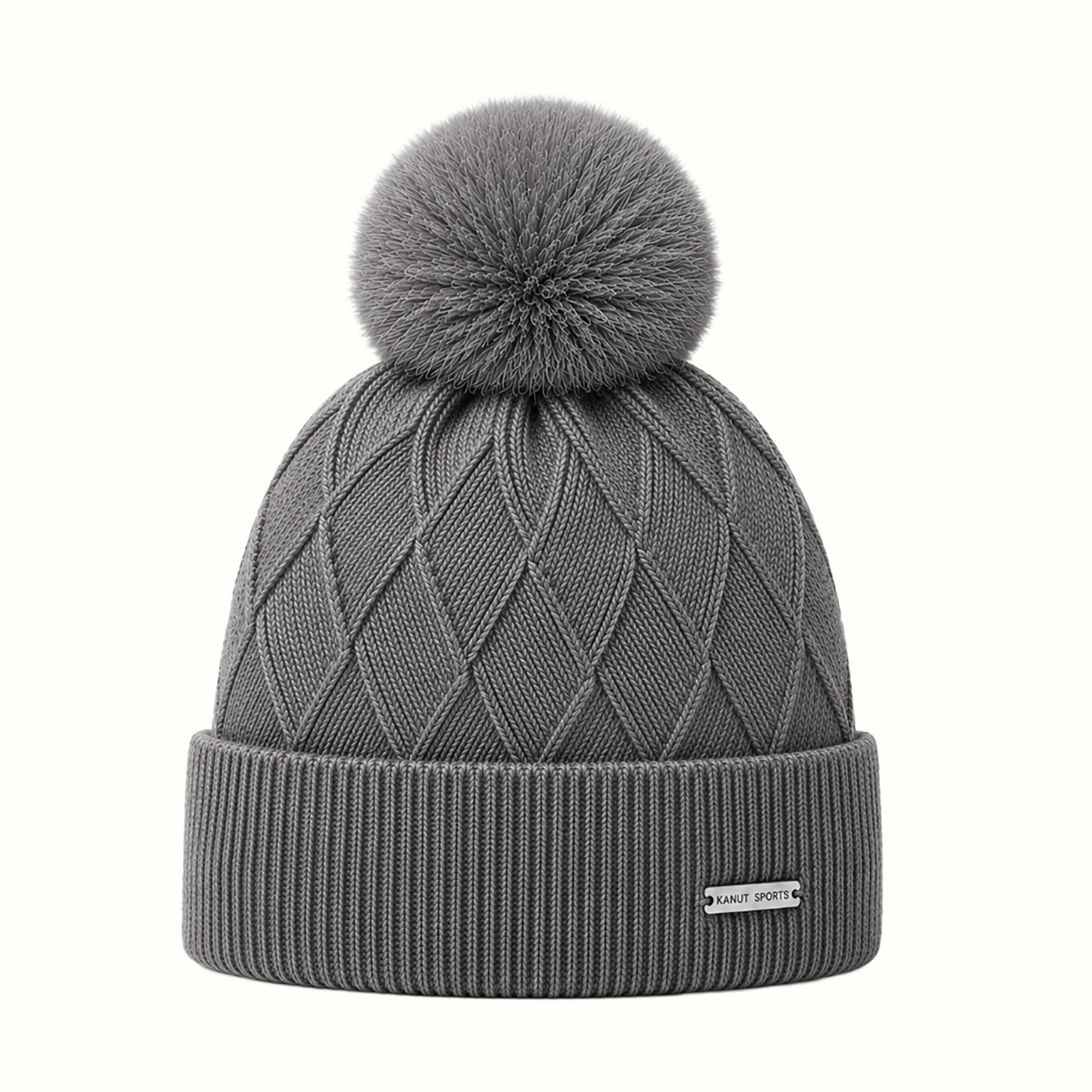 TANANA Textured Knit Pom Beanie with Sherpa Lining